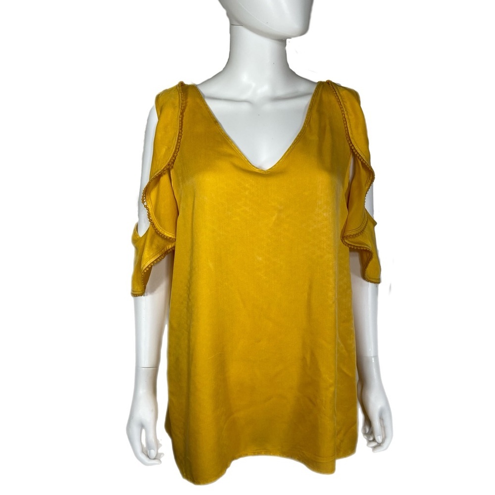 Umgee Mustard Yellow Ruffle, Pom Trim Edge Cold Shoulder Blouse